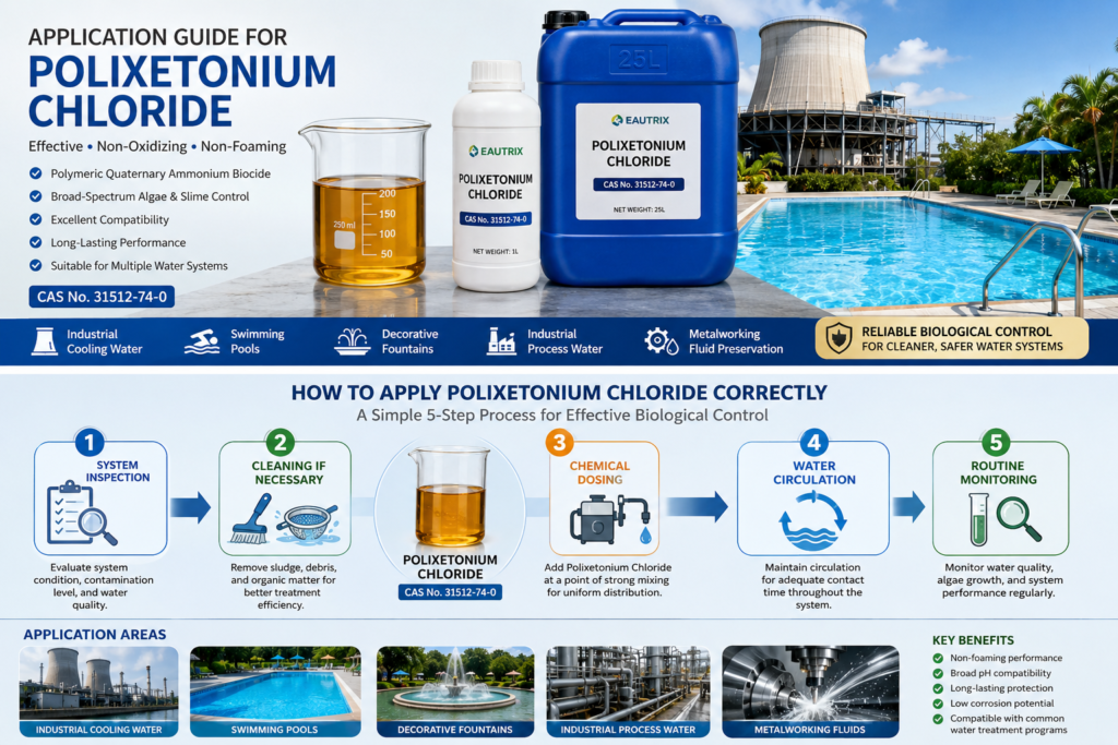 Infographic demonstrating the correct application procedure for Polixetonium Chloride, including system inspection, dosing, circulation, and monitoring for industrial cooling water and swimming pool algae control.