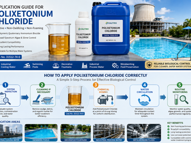 Infographic demonstrating the correct application procedure for Polixetonium Chloride, including system inspection, dosing, circulation, and monitoring for industrial cooling water and swimming pool algae control.