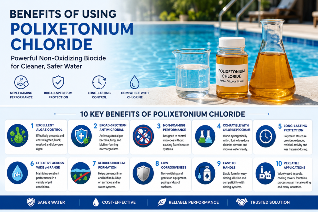 Infographic highlighting the top 10 benefits of Polixetonium Chloride, including algae control, broad-spectrum antimicrobial activity, non-foaming performance, chlorine compatibility, long-lasting protection, wide pH tolerance, biofilm reduction, low corrosiveness, easy handling, and versatile industrial applications.