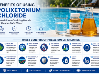 Infographic highlighting the top 10 benefits of Polixetonium Chloride, including algae control, broad-spectrum antimicrobial activity, non-foaming performance, chlorine compatibility, long-lasting protection, wide pH tolerance, biofilm reduction, low corrosiveness, easy handling, and versatile industrial applications.
