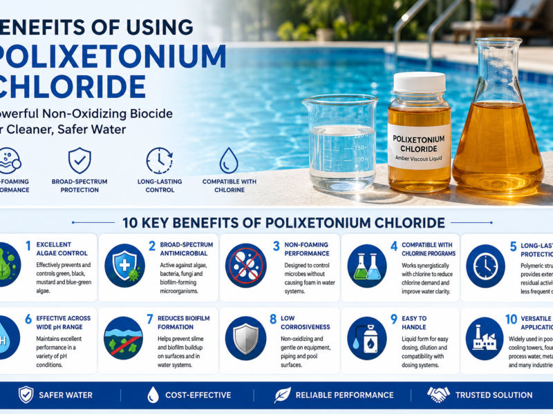 Infographic highlighting the top 10 benefits of Polixetonium Chloride, including algae control, broad-spectrum antimicrobial activity, non-foaming performance, chlorine compatibility, long-lasting protection, wide pH tolerance, biofilm reduction, low corrosiveness, easy handling, and versatile industrial applications.