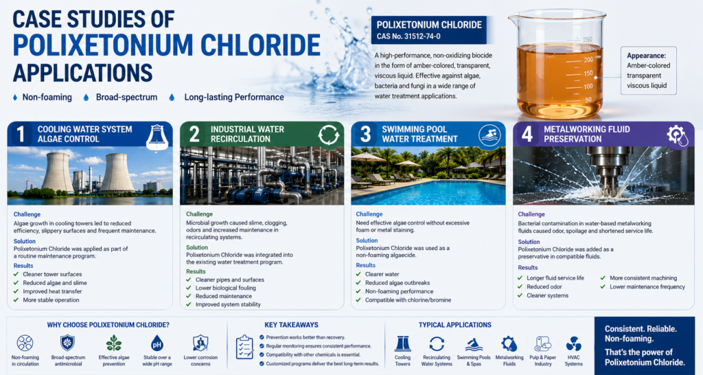 Infographic showing case studies of Polixetonium Chloride applications, featuring an amber-colored transparent viscous liquid and its use in cooling water systems, industrial water recirculation, swimming pool algae control, and metalworking fluid preservation.