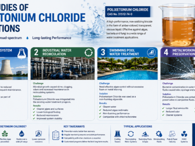 Infographic showing case studies of Polixetonium Chloride applications, featuring an amber-colored transparent viscous liquid and its use in cooling water systems, industrial water recirculation, swimming pool algae control, and metalworking fluid preservation.
