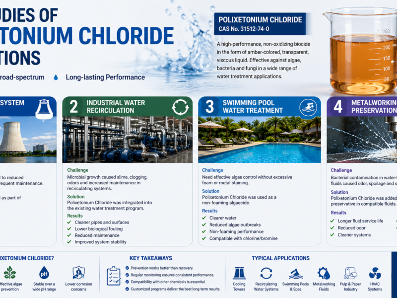 Infographic showing case studies of Polixetonium Chloride applications, featuring an amber-colored transparent viscous liquid and its use in cooling water systems, industrial water recirculation, swimming pool algae control, and metalworking fluid preservation.