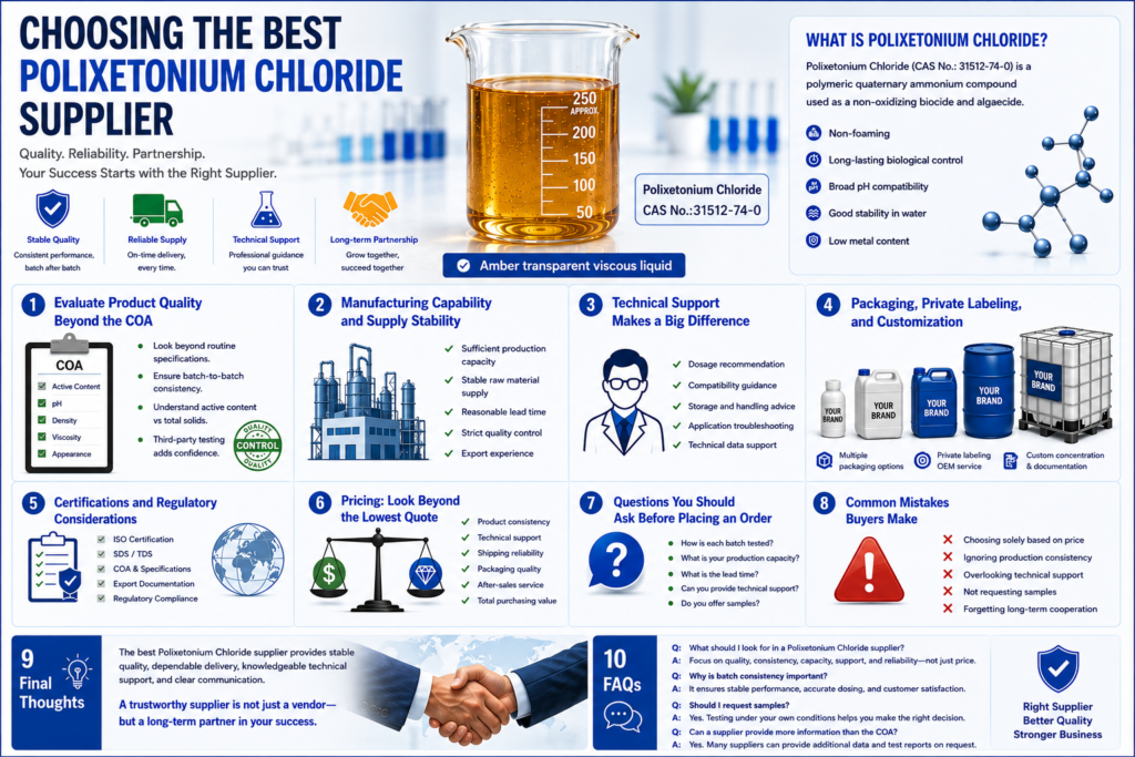 Choosing the Best Polixetonium Chloride Supplier infographic featuring CAS No. 31512-74-0, an amber transparent viscous liquid sample, quality control checklist, manufacturing capability, technical support, packaging options, and supplier evaluation criteria