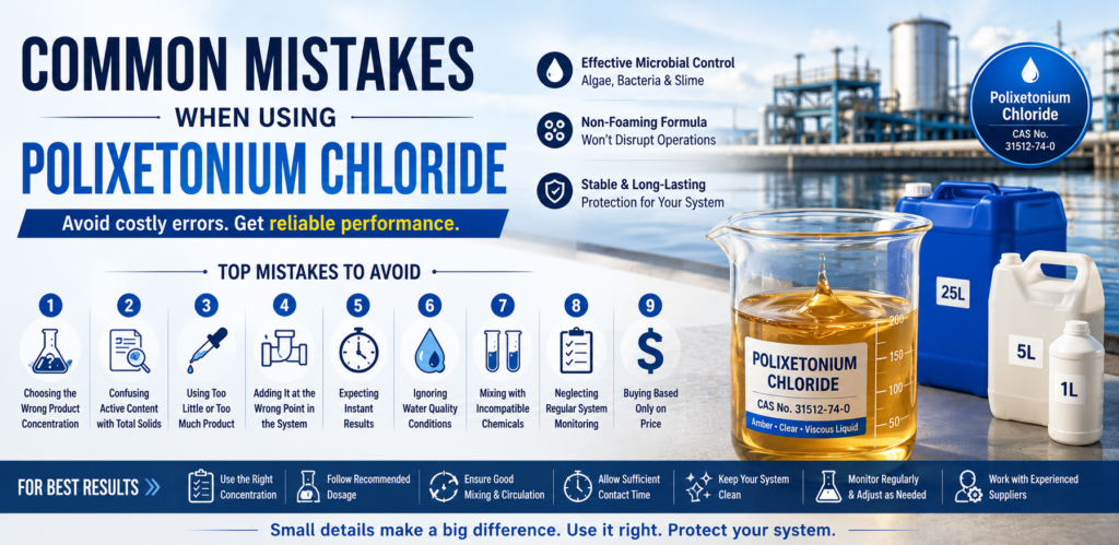Banner infographic showing common mistakes when using Polixetonium Chloride (CAS No. 31512-74-0), featuring an amber transparent viscous liquid in a laboratory beaker alongside industrial water treatment facilities, with key application tips for improving biocide performance and system protection.