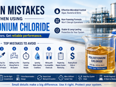 Banner infographic showing common mistakes when using Polixetonium Chloride (CAS No. 31512-74-0), featuring an amber transparent viscous liquid in a laboratory beaker alongside industrial water treatment facilities, with key application tips for improving biocide performance and system protection.