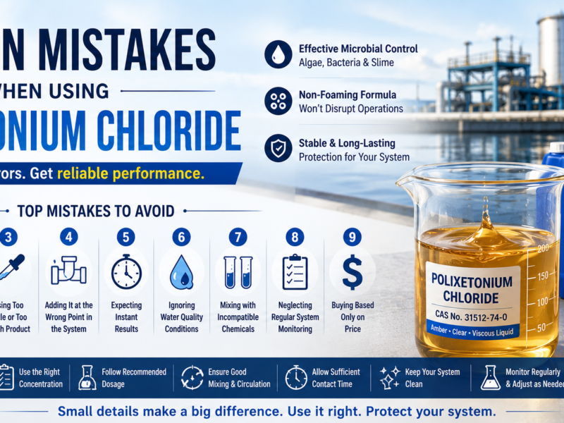Banner infographic showing common mistakes when using Polixetonium Chloride (CAS No. 31512-74-0), featuring an amber transparent viscous liquid in a laboratory beaker alongside industrial water treatment facilities, with key application tips for improving biocide performance and system protection.
