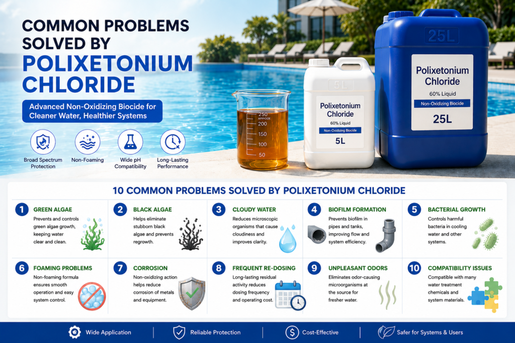 Infographic showing the 10 common problems solved by Polixetonium Chloride, including green algae, black algae, cloudy water, biofilm, bacteria, foaming, corrosion, frequent dosing, unpleasant odors, and cooling water fouling.