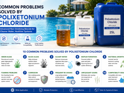 Transparent amber Polixetonium Chloride solution in laboratory glassware and industrial containers beside a crystal-clear swimming pool, illustrating solutions for algae and microbial control.