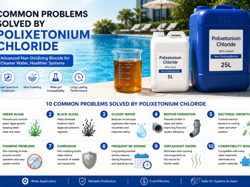Transparent amber Polixetonium Chloride solution in laboratory glassware and industrial containers beside a crystal-clear swimming pool, illustrating solutions for algae and microbial control.