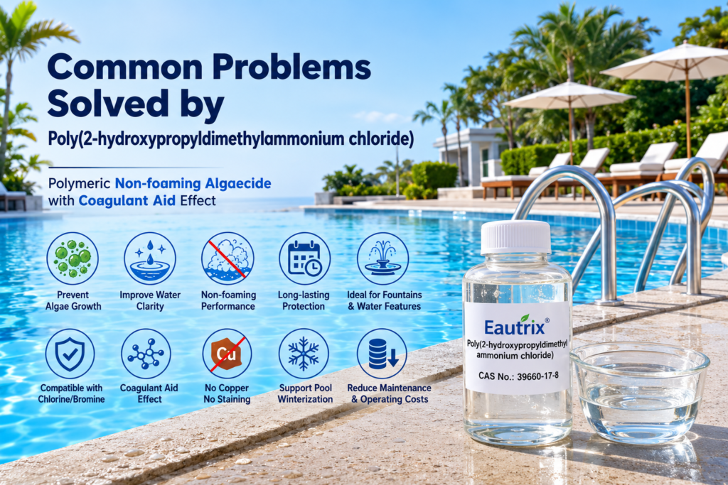 Infographic showing the common problems solved by Poly(2-hydroxypropyldimethylammonium chloride), including algae growth, cloudy water, non-foaming performance, coagulant aid effect, fountain maintenance, winter pool protection, chlorine compatibility, and metal-free algae control for swimming pools