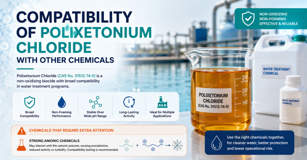 Compatibility of Polixetonium Chloride (CAS No. 31512-74-0) with other water treatment chemicals, featuring an amber transparent viscous liquid in a laboratory beaker and highlighting compatibility with most treatment programs while advising caution with strong anionic chemicals