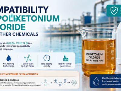 Compatibility of Polixetonium Chloride (CAS No. 31512-74-0) with other water treatment chemicals, featuring an amber transparent viscous liquid in a laboratory beaker and highlighting compatibility with most treatment programs while advising caution with strong anionic chemicals