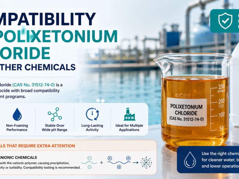 Compatibility of Polixetonium Chloride (CAS No. 31512-74-0) with other water treatment chemicals, featuring an amber transparent viscous liquid in a laboratory beaker and highlighting compatibility with most treatment programs while advising caution with strong anionic chemicals