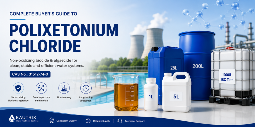 Landscape infographic banner titled "Complete Buyer's Guide to Polixetonium Chloride" featuring an amber transparent viscous liquid in a laboratory beaker and sample bottle, labeled CAS No.: 31512-74-0. The graphic summarizes key product properties, technical specifications, major applications in swimming pools, industrial cooling water, metalworking fluids, and water treatment, along with supplier selection criteria, packaging options (1 L, 5 L, 25 L, 200 L, and 1000 L IBC), storage recommendations, and purchasing FAQs in a clean blue-and-white corporate design