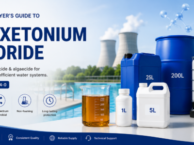 Landscape infographic banner titled "Complete Buyer's Guide to Polixetonium Chloride" featuring an amber transparent viscous liquid in a laboratory beaker and sample bottle, labeled CAS No.: 31512-74-0. The graphic summarizes key product properties, technical specifications, major applications in swimming pools, industrial cooling water, metalworking fluids, and water treatment, along with supplier selection criteria, packaging options (1 L, 5 L, 25 L, 200 L, and 1000 L IBC), storage recommendations, and purchasing FAQs in a clean blue-and-white corporate design