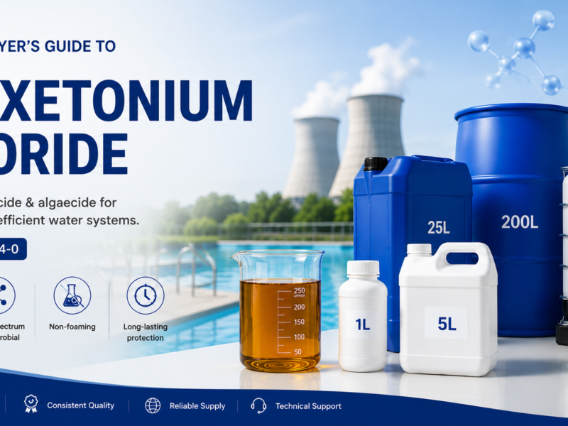 Landscape infographic banner titled "Complete Buyer's Guide to Polixetonium Chloride" featuring an amber transparent viscous liquid in a laboratory beaker and sample bottle, labeled CAS No.: 31512-74-0. The graphic summarizes key product properties, technical specifications, major applications in swimming pools, industrial cooling water, metalworking fluids, and water treatment, along with supplier selection criteria, packaging options (1 L, 5 L, 25 L, 200 L, and 1000 L IBC), storage recommendations, and purchasing FAQs in a clean blue-and-white corporate design