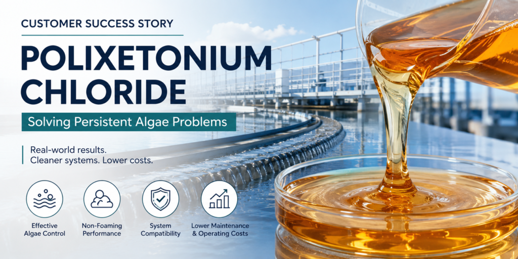 Wide banner showing amber transparent viscous Polixetonium Chloride, 31512-74-0, being poured into a glass dish beside an industrial cooling water system, illustrating a customer success story in algae control, non-foaming performance, system compatibility, and reduced operating costs