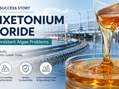 Wide banner showing amber transparent viscous Polixetonium Chloride, 31512-74-0, being poured into a glass dish beside an industrial cooling water system, illustrating a customer success story in algae control, non-foaming performance, system compatibility, and reduced operating costs