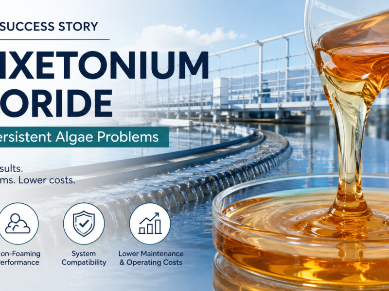 Wide banner showing amber transparent viscous Polixetonium Chloride, 31512-74-0, being poured into a glass dish beside an industrial cooling water system, illustrating a customer success story in algae control, non-foaming performance, system compatibility, and reduced operating costs