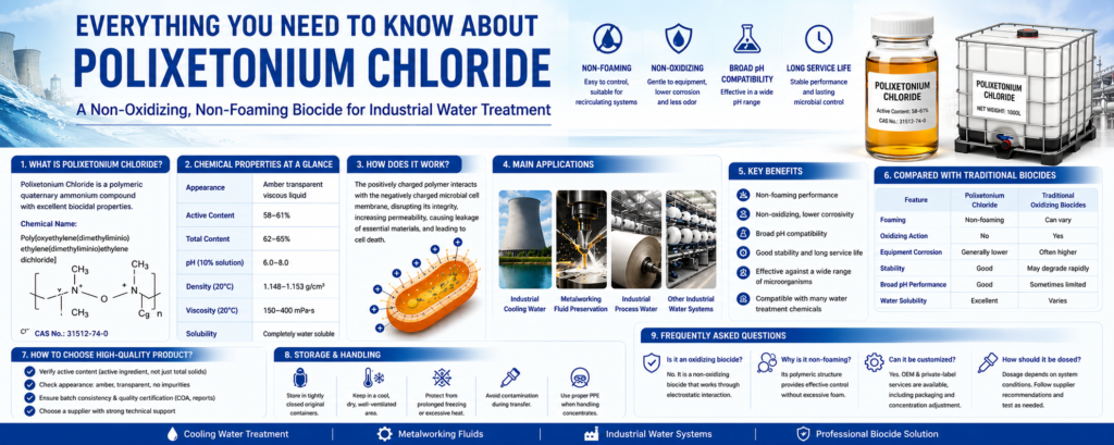 Comprehensive infographic explaining Polixetonium Chloride (CAS No. 31512-74-0), a non-oxidizing, non-foaming polymeric biocide for industrial water treatment, featuring its chemical properties, antimicrobial mechanism, key applications in cooling water and metalworking fluids, performance advantages, product selection guide, storage recommendations, and packaging options including an amber liquid sample bottle and a 1000L IBC tote.
