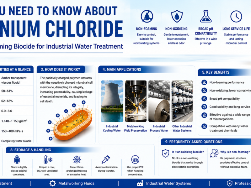 Comprehensive infographic explaining Polixetonium Chloride (CAS No. 31512-74-0), a non-oxidizing, non-foaming polymeric biocide for industrial water treatment, featuring its chemical properties, antimicrobial mechanism, key applications in cooling water and metalworking fluids, performance advantages, product selection guide, storage recommendations, and packaging options including an amber liquid sample bottle and a 1000L IBC tote.