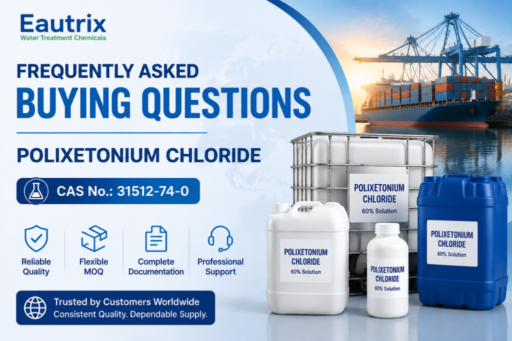 Frequently Asked Buying Questions About Polixetonium Chloride featuring Eautrix chemical supplier branding, CAS No. 31512-74-0, and export packaging options including HDPE bottles, jerry cans, drums, and IBC tote for global water treatment chemical supply.