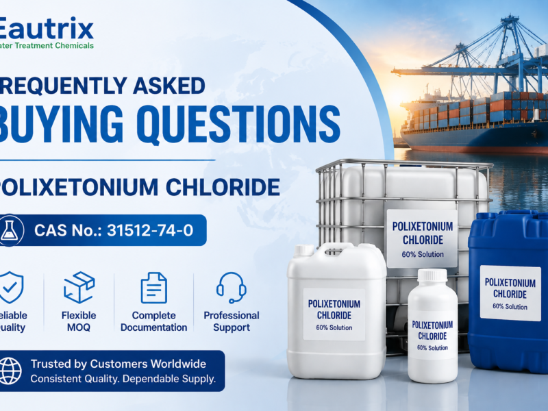 Frequently Asked Buying Questions About Polixetonium Chloride featuring Eautrix chemical supplier branding, CAS No. 31512-74-0, and export packaging options including HDPE bottles, jerry cans, drums, and IBC tote for global water treatment chemical supply.