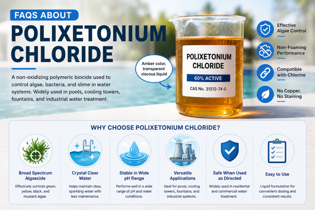 Infographic answering frequently asked questions about Polixetonium Chloride (CAS No. 31512-74-0), showing its amber transparent viscous liquid appearance, non-foaming performance, algae control, chlorine compatibility, and common water treatment applications
