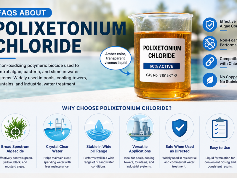 Infographic answering frequently asked questions about Polixetonium Chloride (CAS No. 31512-74-0), showing its amber transparent viscous liquid appearance, non-foaming performance, algae control, chlorine compatibility, and common water treatment applications
