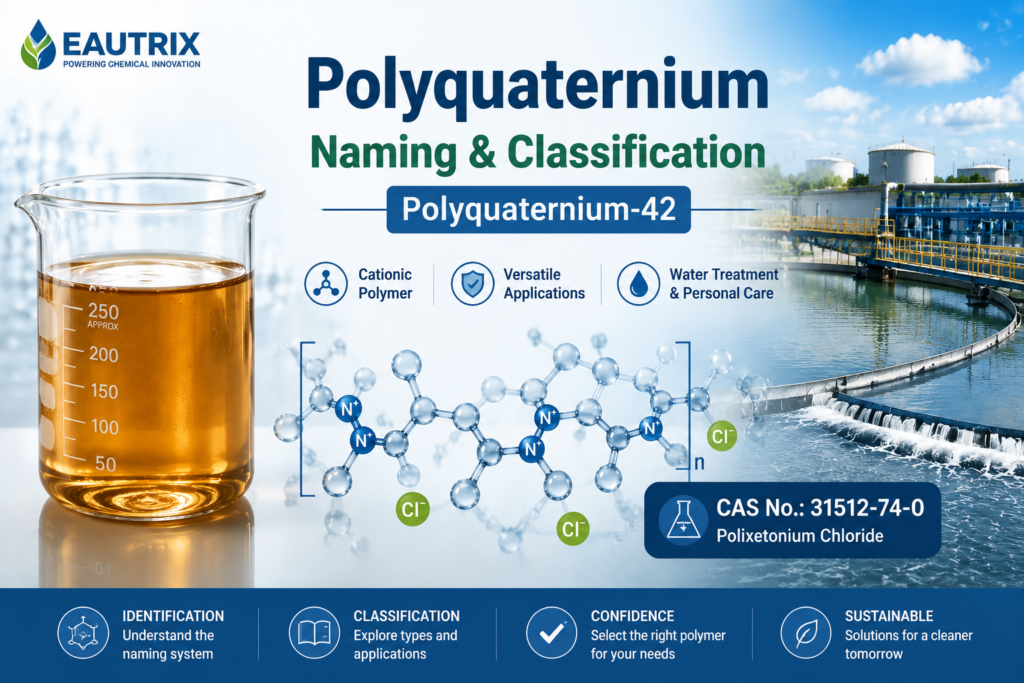 Polyquaternium-42 naming and classification banner showing a laboratory beaker filled with amber transparent viscous liquid, polymer molecular structure illustration, industrial water treatment facility background, and Eautrix branding. The image highlights Polyquaternium-42, Polixetonium Chloride, CAS No. 31512-74-0, cationic polymer properties, and applications in water treatment and personal care.