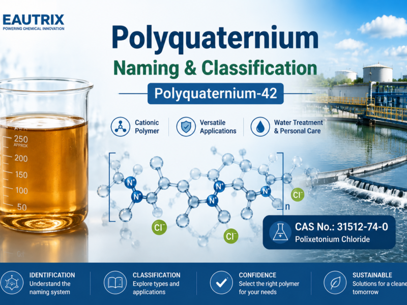 Polyquaternium-42 naming and classification banner showing a laboratory beaker filled with amber transparent viscous liquid, polymer molecular structure illustration, industrial water treatment facility background, and Eautrix branding. The image highlights Polyquaternium-42, Polixetonium Chloride, CAS No. 31512-74-0, cationic polymer properties, and applications in water treatment and personal care.