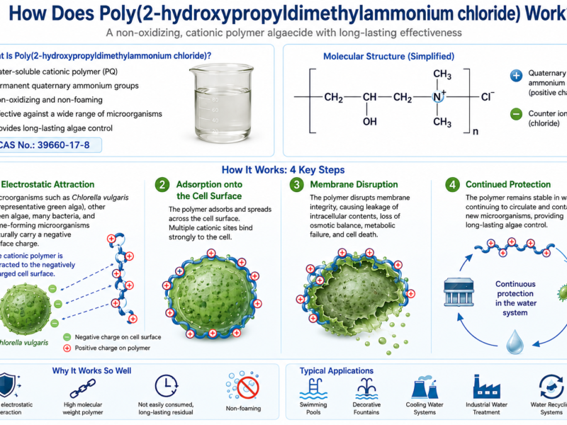 Scientific infographic illustrating the working mechanism of Poly(2-hydroxypropyldimethylammonium chloride (CAS No. 39660-17-8), showing its molecular structure, four-step antimicrobial mechanism, and applications in swimming pools, cooling water systems, decorative fountains, industrial water treatment, and water recycling systems