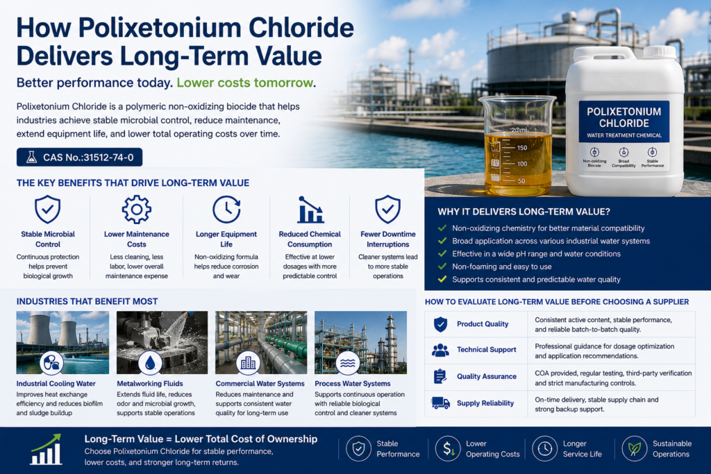 Infographic showing how Polixetonium Chloride (CAS No. 31512-74-0) delivers long-term value in industrial water treatment, featuring amber transparent viscous liquid in a laboratory beaker, stable microbial control, lower maintenance costs, extended equipment life, reduced chemical consumption, and applications in cooling water and metalworking fluids