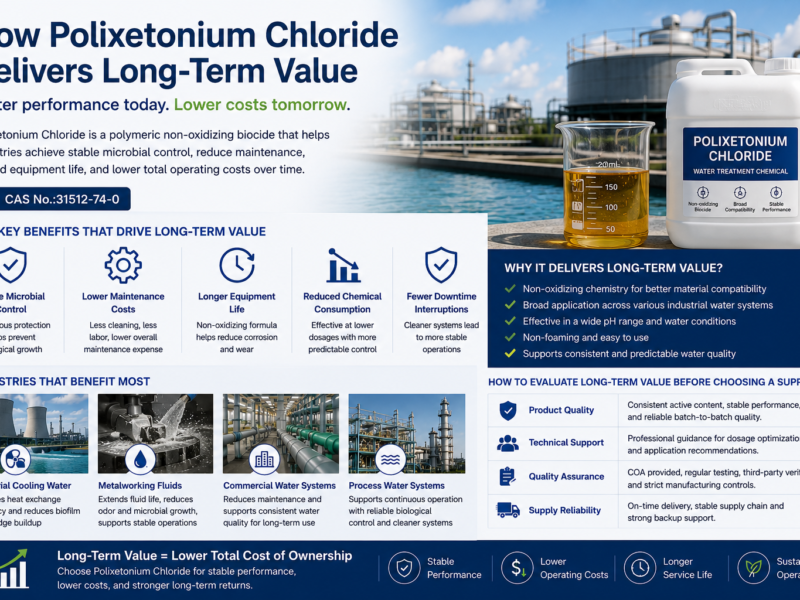 Infographic showing how Polixetonium Chloride (CAS No. 31512-74-0) delivers long-term value in industrial water treatment, featuring amber transparent viscous liquid in a laboratory beaker, stable microbial control, lower maintenance costs, extended equipment life, reduced chemical consumption, and applications in cooling water and metalworking fluids