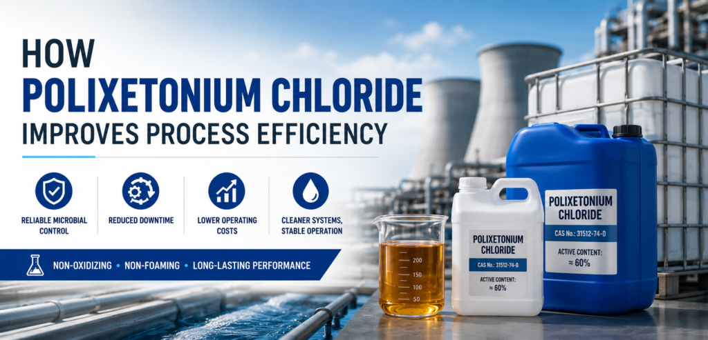 Wide banner showing Polixetonium Chloride (CAS No. 31512-74-0) in an amber-colored clear viscous liquid alongside industrial water treatment equipment, illustrating how the non-foaming polymeric biocide improves process efficiency, reduces downtime, and supports stable system operation