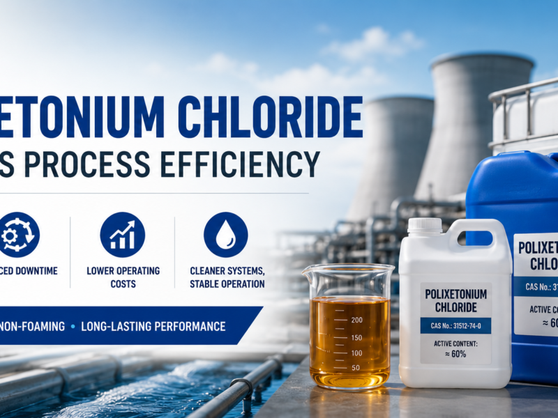 Wide banner showing Polixetonium Chloride (CAS No. 31512-74-0) in an amber-colored clear viscous liquid alongside industrial water treatment equipment, illustrating how the non-foaming polymeric biocide improves process efficiency, reduces downtime, and supports stable system operation