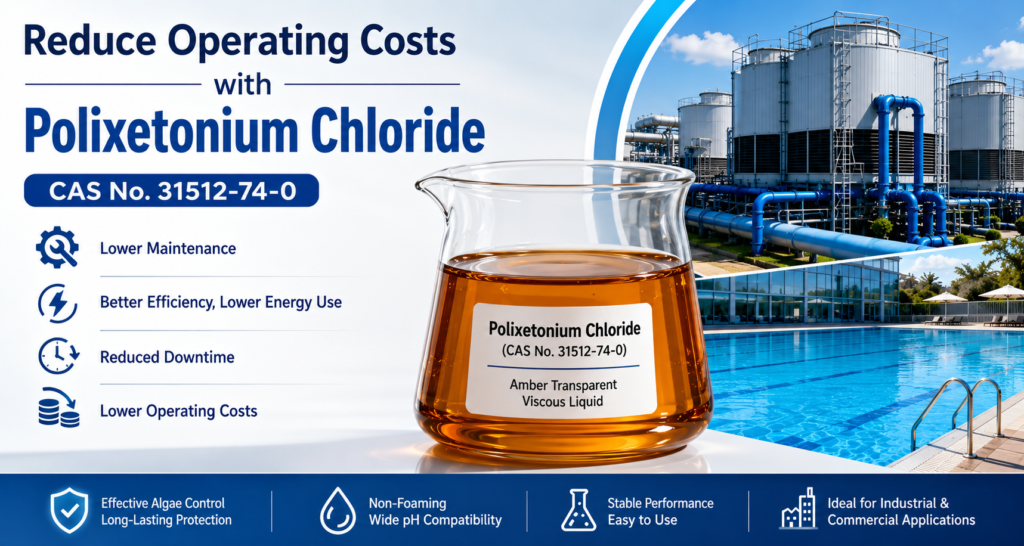 Horizontal blog banner showing amber transparent viscous Polixetonium Chloride (CAS No. 31512-74-0) used to reduce operating costs in industrial cooling water systems and commercial swimming pools through reliable non-foaming biological control and improved operational efficiency