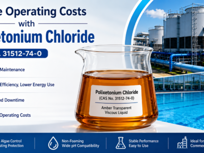 Horizontal blog banner showing amber transparent viscous Polixetonium Chloride (CAS No. 31512-74-0) used to reduce operating costs in industrial cooling water systems and commercial swimming pools through reliable non-foaming biological control and improved operational efficiency
