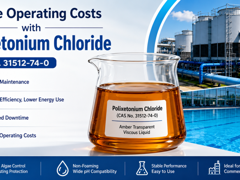 Horizontal blog banner showing amber transparent viscous Polixetonium Chloride (CAS No. 31512-74-0) used to reduce operating costs in industrial cooling water systems and commercial swimming pools through reliable non-foaming biological control and improved operational efficiency
