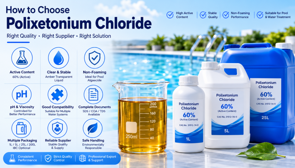 Amber transparent Polixetonium Chloride liquid with HDPE packaging options for non-foaming pool algaecide and water treatment use.