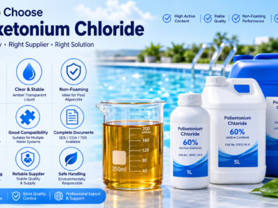 Amber transparent Polixetonium Chloride liquid with HDPE packaging options for non-foaming pool algaecide and water treatment use.