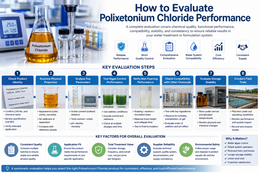 Laboratory evaluation of amber transparent Polixetonium Chloride,31512-74-0, for active content, viscosity, pH, density, and water-treatment performance