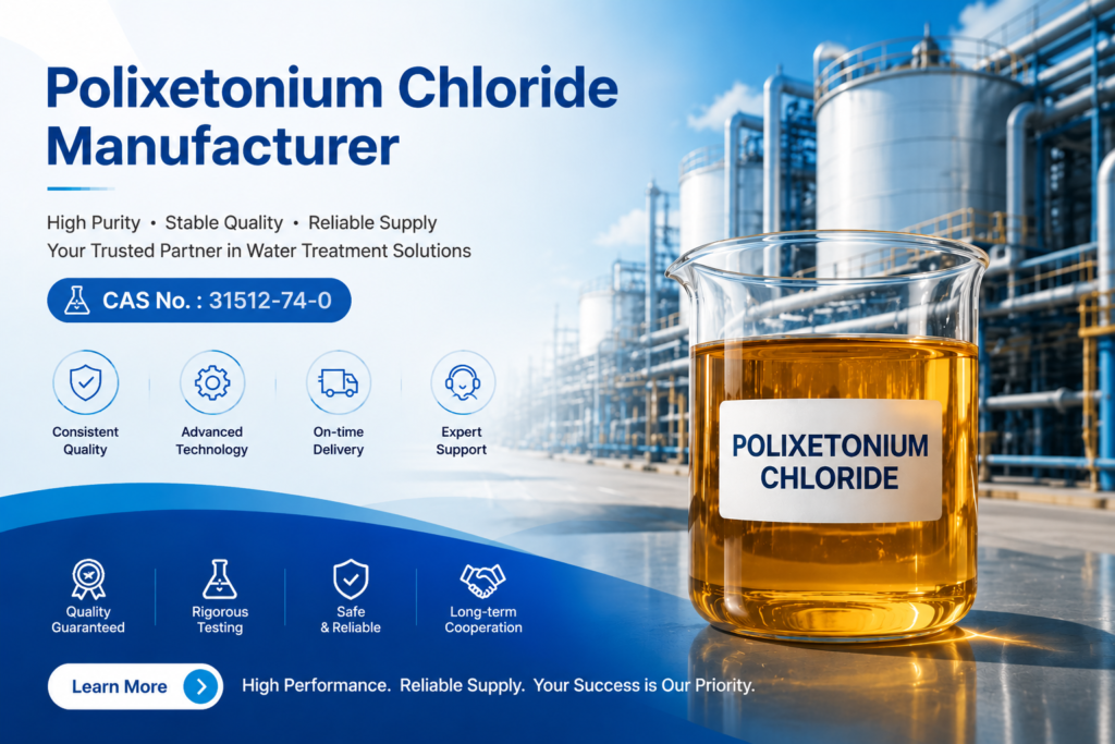Polixetonium Chloride manufacturer hero banner featuring an amber transparent viscous liquid in a laboratory beaker, industrial chemical production plant background, and the text "CAS No. 31512-74-0", highlighting consistent quality, advanced technology, on-time delivery, expert support, rigorous testing, and long-term partnership for water treatment applications.