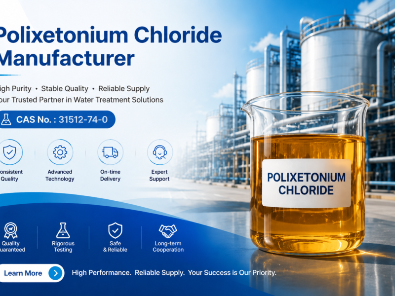 Polixetonium Chloride manufacturer hero banner featuring an amber transparent viscous liquid in a laboratory beaker, industrial chemical production plant background, and the text "CAS No. 31512-74-0", highlighting consistent quality, advanced technology, on-time delivery, expert support, rigorous testing, and long-term partnership for water treatment applications.