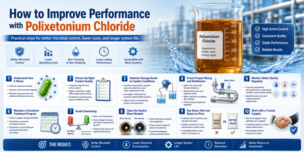 How to improve the performance of Polixetonium Chloride，31512-74-0, with proper dosing, consistent product quality, and optimized industrial water treatment practices, featuring amber transparent viscous liquid in a laboratory beaker