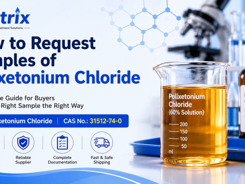 Eautrix Polixetonium Chloride (CAS No. 31512-74-0) sample request guide banner featuring an amber transparent viscous 60% solution in laboratory glassware and sample bottle, highlighting quality verification, supplier evaluation, documentation, and safe shipping for industrial water treatment buyers