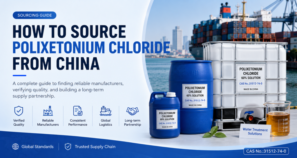 Professional hero banner for "How to Source Polixetonium Chloride from China" featuring an amber transparent viscous Polixetonium Chloride solution in a laboratory beaker, 25L blue jerrycan, 200L blue plastic drum, 1000L IBC tote, shipping port background, and the text "CAS No.:31512-74-0", illustrating reliable chemical sourcing, quality verification, and global supply from China.