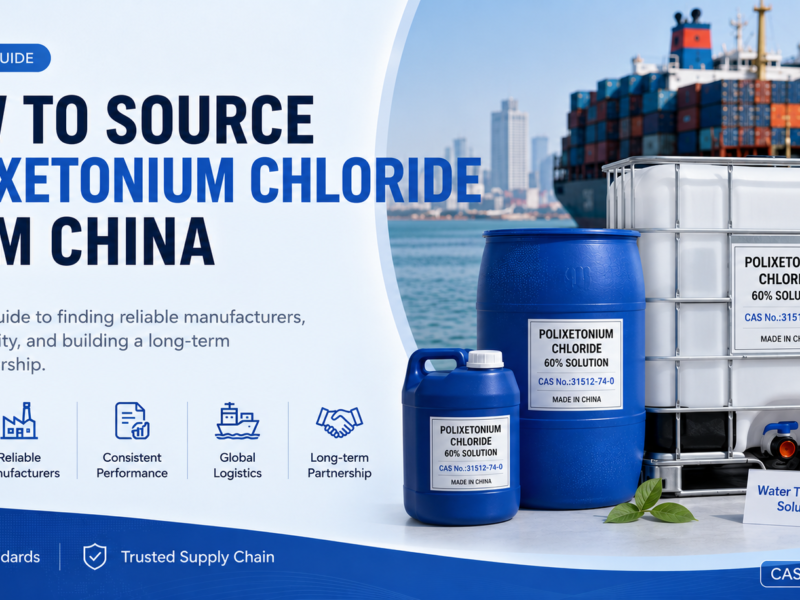 Professional hero banner for "How to Source Polixetonium Chloride from China" featuring an amber transparent viscous Polixetonium Chloride solution in a laboratory beaker, 25L blue jerrycan, 200L blue plastic drum, 1000L IBC tote, shipping port background, and the text "CAS No.:31512-74-0", illustrating reliable chemical sourcing, quality verification, and global supply from China.